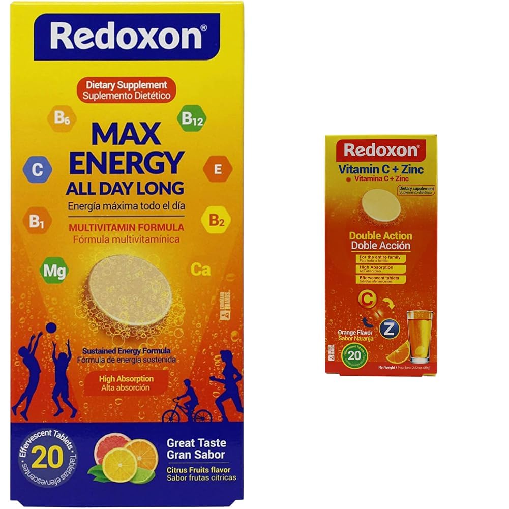 Redoxon Max Energy Citrus Efferscent Tablets Immune Support Bundle ויטמין C Zinc Effervescent Orange Immune Support Tablet