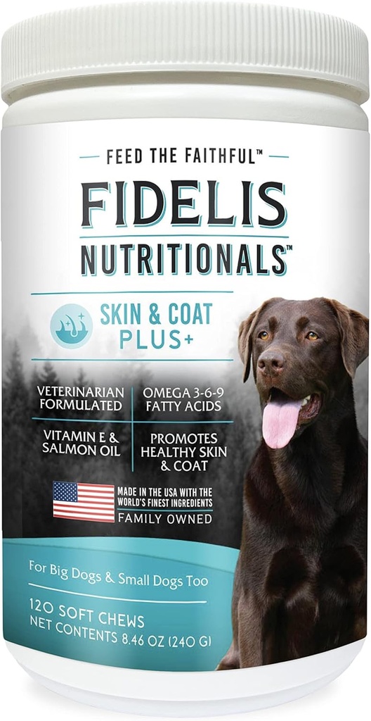 FIDELIS Skin & Coat Plus+ Dog Skin & Coat Supplement, Omega 3, Vitamin E, Salmon Oil for Dogs, Fatty Acids, Healthy Skin, Shiny Coat, Adult, Big & Small, Made in USA, Vegetable Flavor, 120 Soft Chews