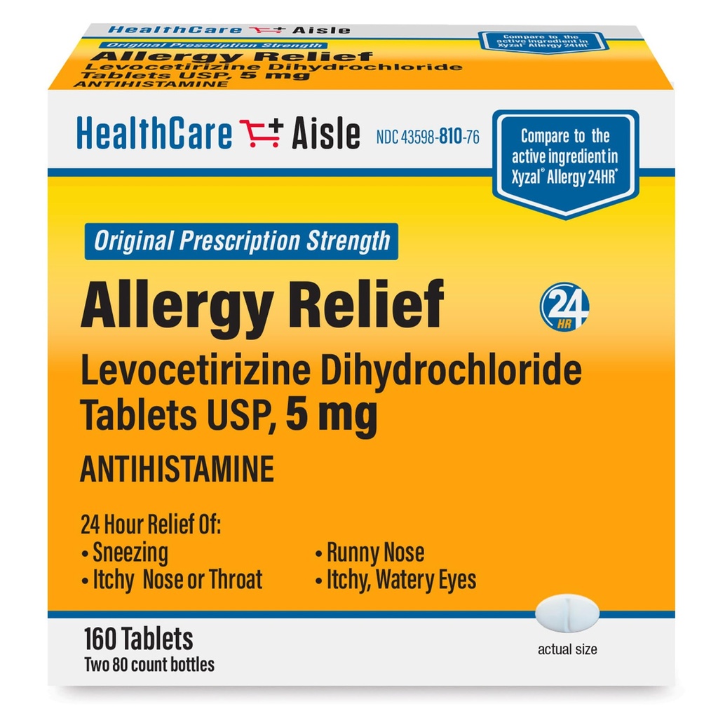 HealthCareAisle Allergy הקלה - Levocetirizine Dihydrochloride Tablet USP, 5 מ"ג, 160 טבליות, תרופות מרשם מקורי כוח אלרגיה, 24Hour הקלה, 80 Count (Pack of 2)