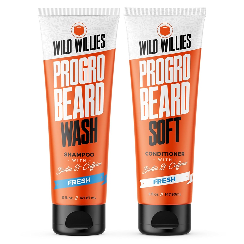 ווילים פרועים PROGRO Beard Shampoo ו- Conditioner Kit - Fortified w/Caffeine & Biotin - חיזוק, Flake-Free, Moisturizing Beard Wash and Conditioner for Men, 2 x 5oz Tubes