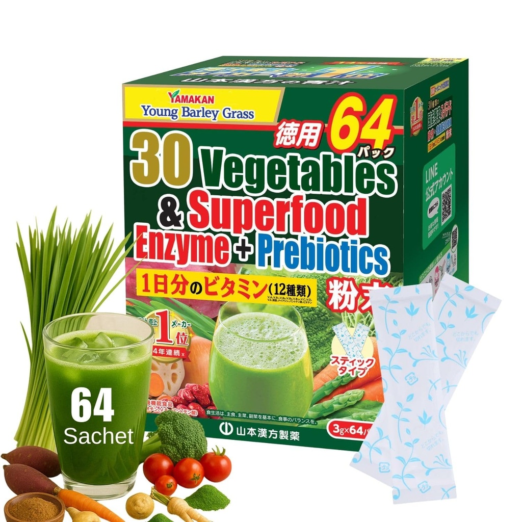 Yamamoto Kanpoh YAMAKAN Greens Superfood Powder with prebiotic Fiber & Enzymes for Digestion, 30 Veggies & Young Barley Grass Juice Blend from Japan, Gut Health for Women & Men, 64 Packets