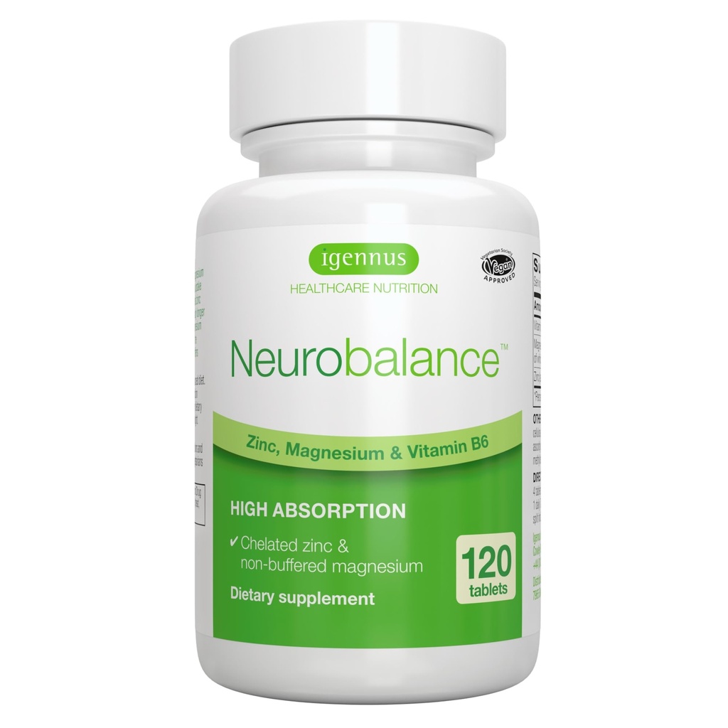Igennus Neuro Balance Zinc Magnesium & B6 Complex פורמולה לתמיכה קוגניטיבית, Calm Focus & הירגעות, 120 טבליות קטנות, High Absorption Chelated Zinc & Fully Reacted Magnesium, טבעוני, non-GMO.