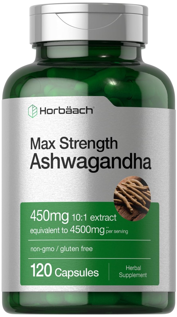 Horbäach Ashwagandha תוסף | Maxחוזק | 120 קפסולות | Non-GMO, Gluten Freeten Free