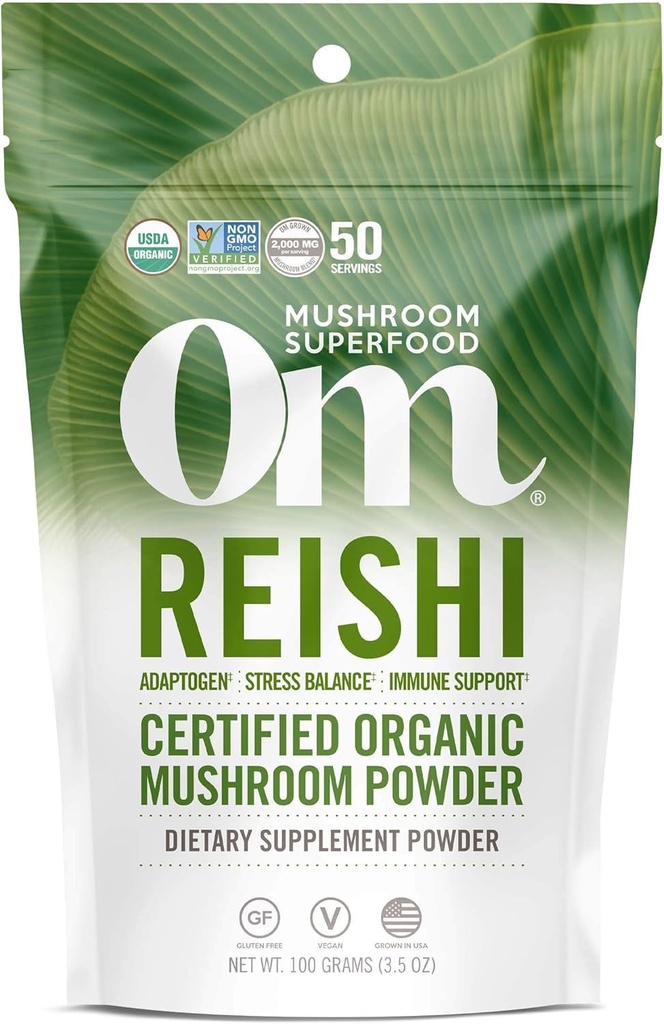 OM MUSHROOM SUPERFOOD REishi אורגני אבקת Mushroom, 3.5 Ounce, 50 משרתים, הסתגלות, מתח ותמיכה Immune, Superfood Mushroom