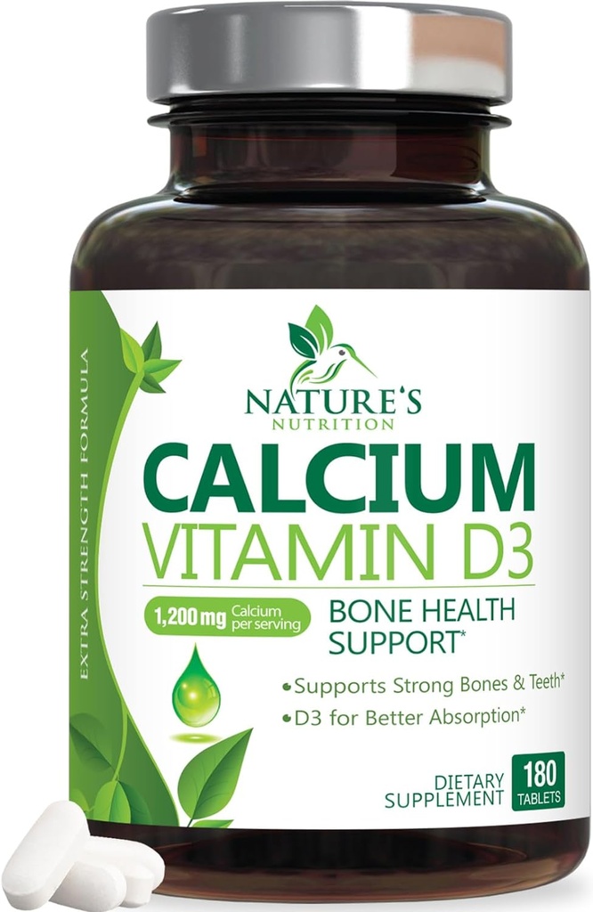 Calcium Supplement 1200 mg - with Vitamin D3 for Best Absorption - Supports Immune Health, Bones & Teeth - Nature's Calcium Carbonate + 1600 IU of D3 - Bottled in USA for Women & Men - 180 Tablets