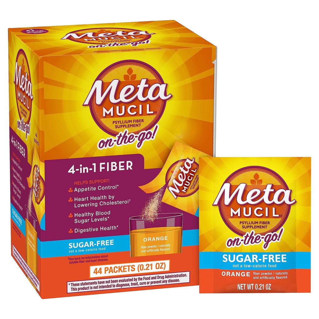 Metamucil On-the-Go Packets, Sugar-Free, 44 Packets, 4in-1 Psyllium Husk סיבים תוספת, כתום פלאמורed, משרתי אדם גדולים עבור נסיעות, סיבים עבור בריאות העיכול ורגילות