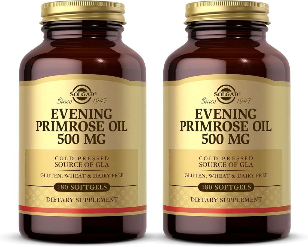 Solgar Evening Primrose Oil 500 מ"ג - 180 Softgels, Pack of 2 - Cold Pressed Source of GLA - Gluten Free, Milk Free - 360 Total Servers