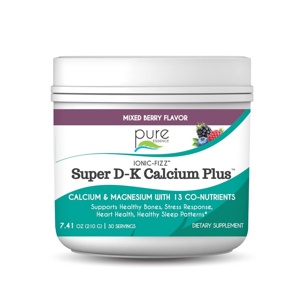 Ionic Fizz Super D-K Calcium Plus על ידי Pure Essence - עם תוספת מגנזיום, ויטמין D3, ויטמין K2 עבור עצמות חזקות ותמיכה מתח - מעורב ברי - 7.41oz