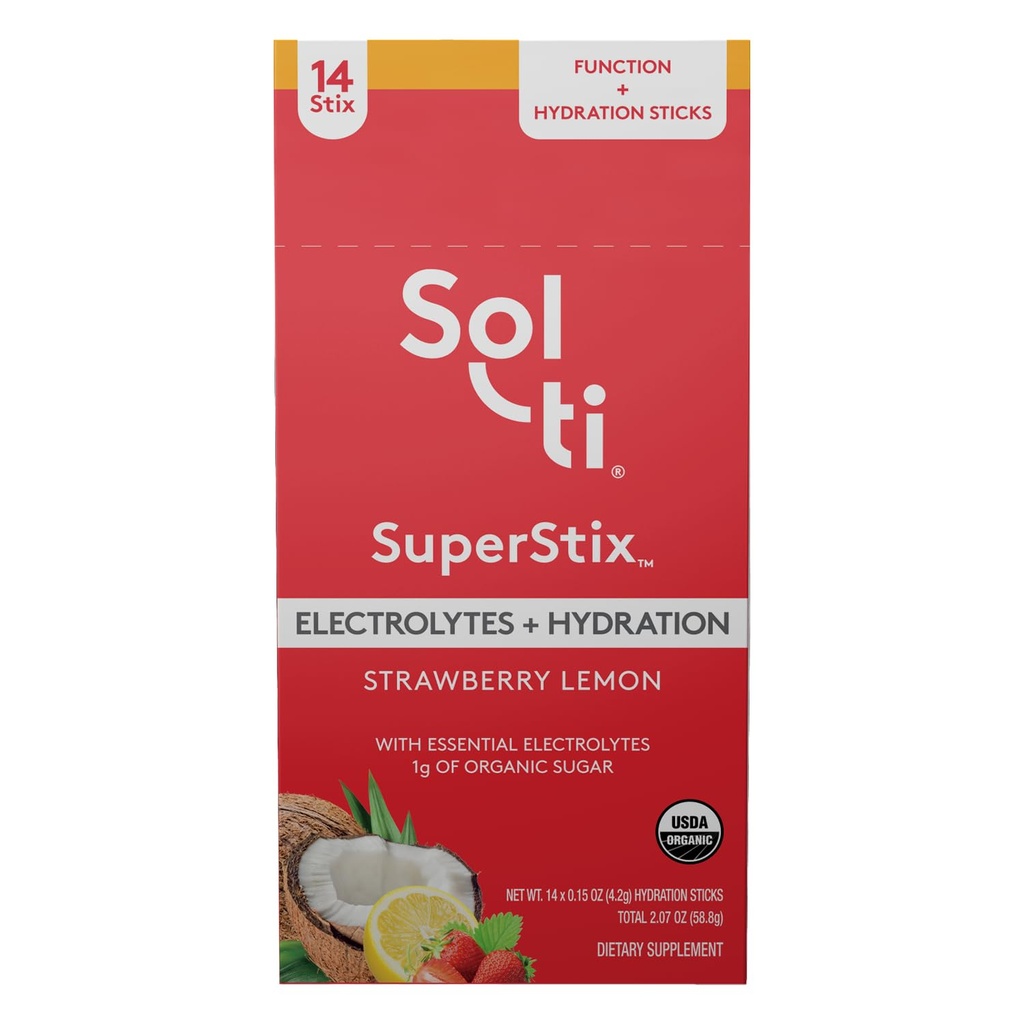 אלקטרוליטים אורגניים + hydrotion drink Mix, Superfood hydrotion Sticks, SuperStix על ידי Sol-ti, Non-GMO, טבעוני, סטרוברי לימון, 14 מקלות משרת יחיד