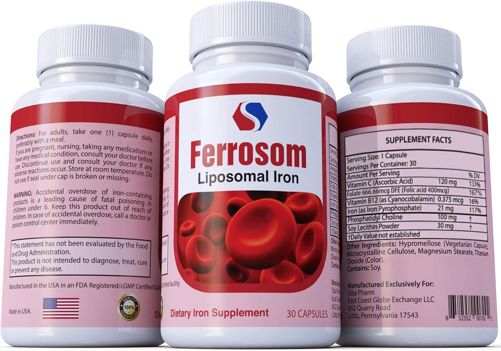 תוספי ברזל Liposomal על ידי Siba Pharm | פרוסום דיאטת ברזל תוספי ויטמין C, B12, Folic Acid