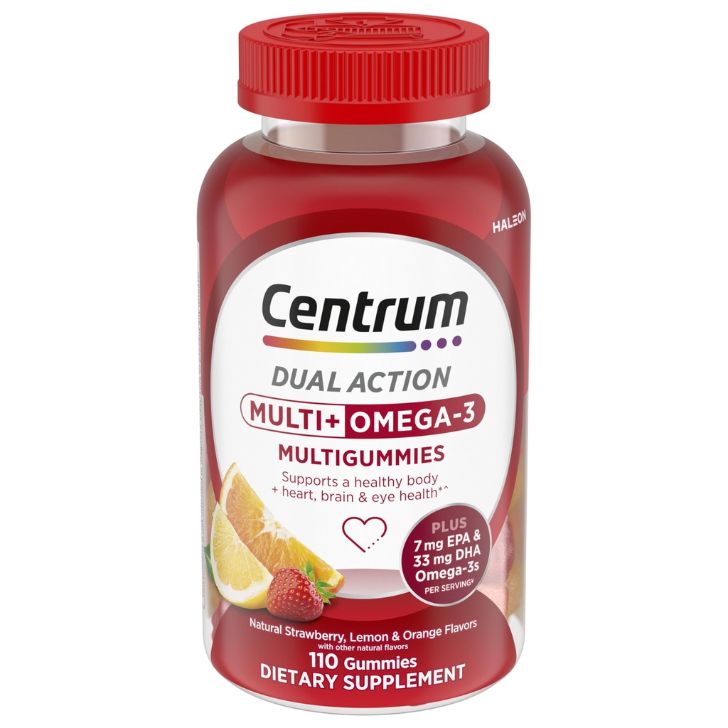 MultiGummies Multi+ אומגה 3 פעולה כפולה, Adult Multivitamin, Multivitamin / Multimineral / Omega 3 תוספת, Strawberry / Lemon / Orange Flavors - 110 Count Count Count