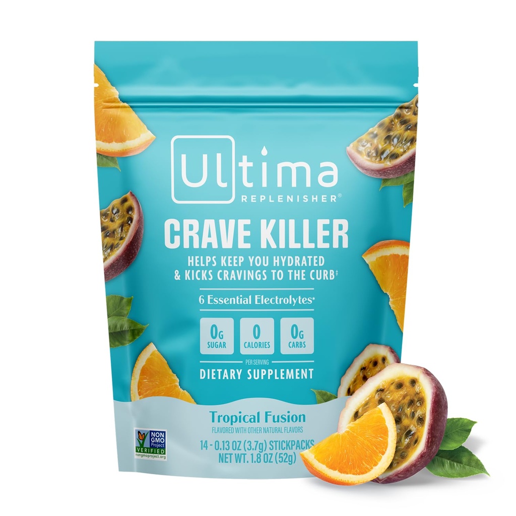 Ultima Replenisher Crave Killer תוסף ואבקת אלקטרוליטים - Fusion Tropical, 14 Stickpacks - hydrotion Packets תגית: Kick Craving to the Curb
