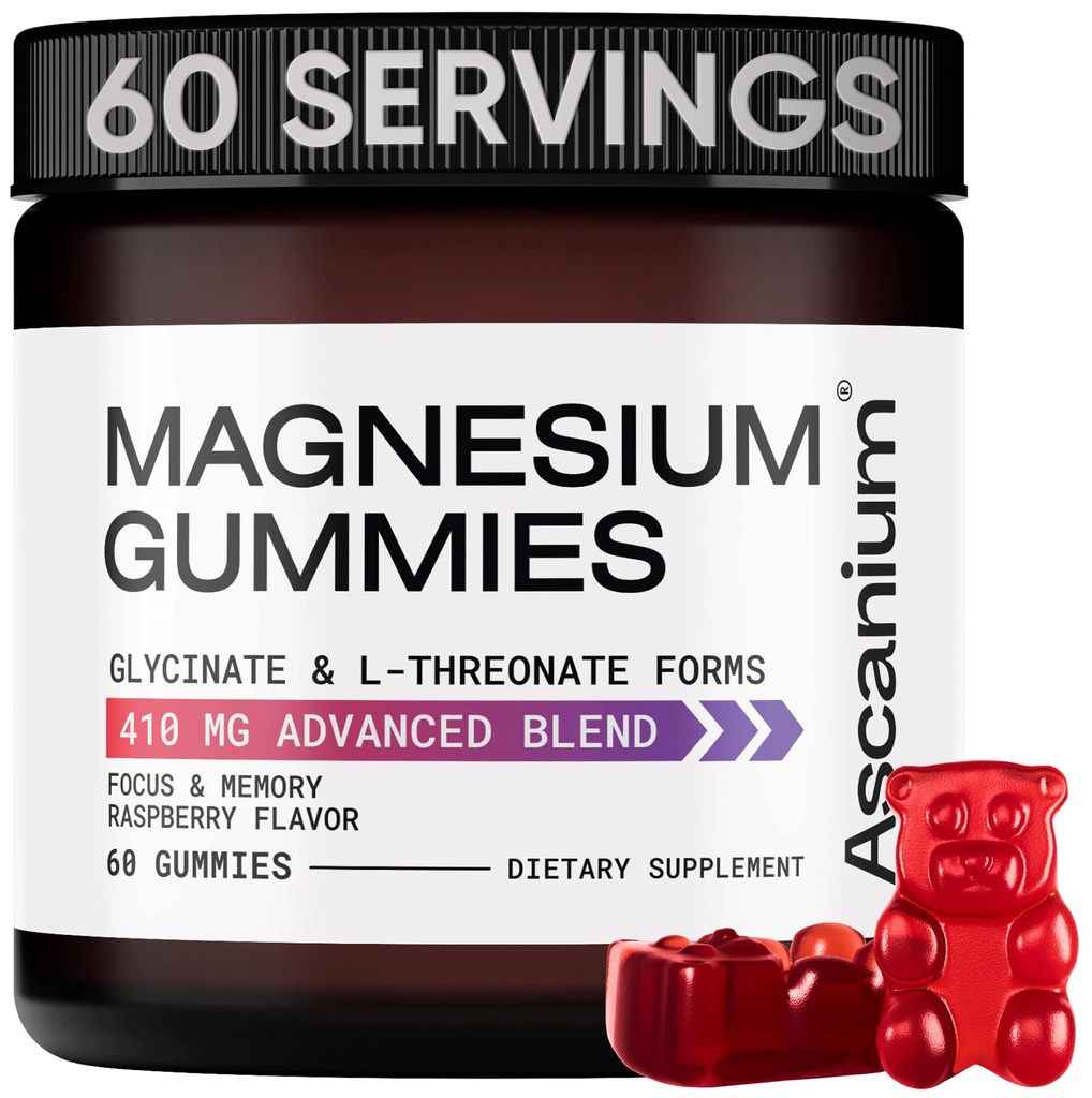 Magnesium Gummies - 410 מ"ג של מגנזיום Elemental Magnesium Glycinate & L-Threonate תוסף מורכב - Magnesium Glycinate חניכיים עבור Calm Mood, שריר ותמיכה לב - Chewable Magnesium 60 PCs