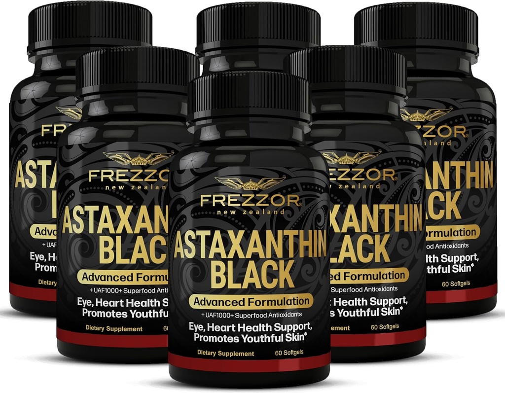 FREZZOR Astaxanthin Black עם UAF1000+ Super Antioxidant, תומך בלב, עין ומוח בריאות, Anti-Aging Skincare & cell Protection, 12mg Astaxanthin per Serve, 360 Softgels, 6 חודשים אספקת מזון