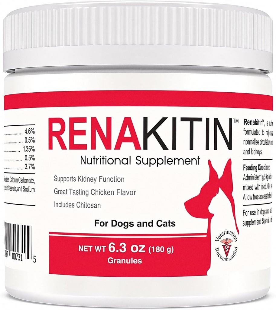 Renakitin Kidney תוספי עבור כלבים - מכיל Chitosan & Calcium Carbonate, תמיכה אופטימי קידני תפקוד, גדול Tasting עוף פלפור, 6.3 ozoz