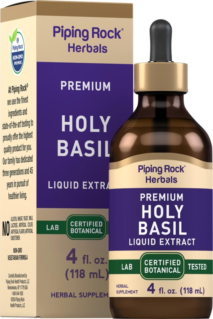 Piping Rock Holy בזיל תמצית נוזלי | 4 Fl Oz | Tulsi Leaf Tincture | Vegetarian, non-GMO, Gluten Free Supplement