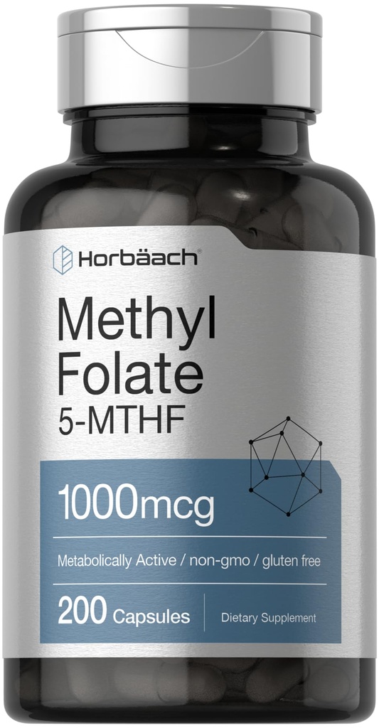 Horbäach Methyl Folate תוסף | 1000 mcg | 200 קפסולות | 5MTHF | Folic Acid | Non-GMO, Gluten Free Methylfolate