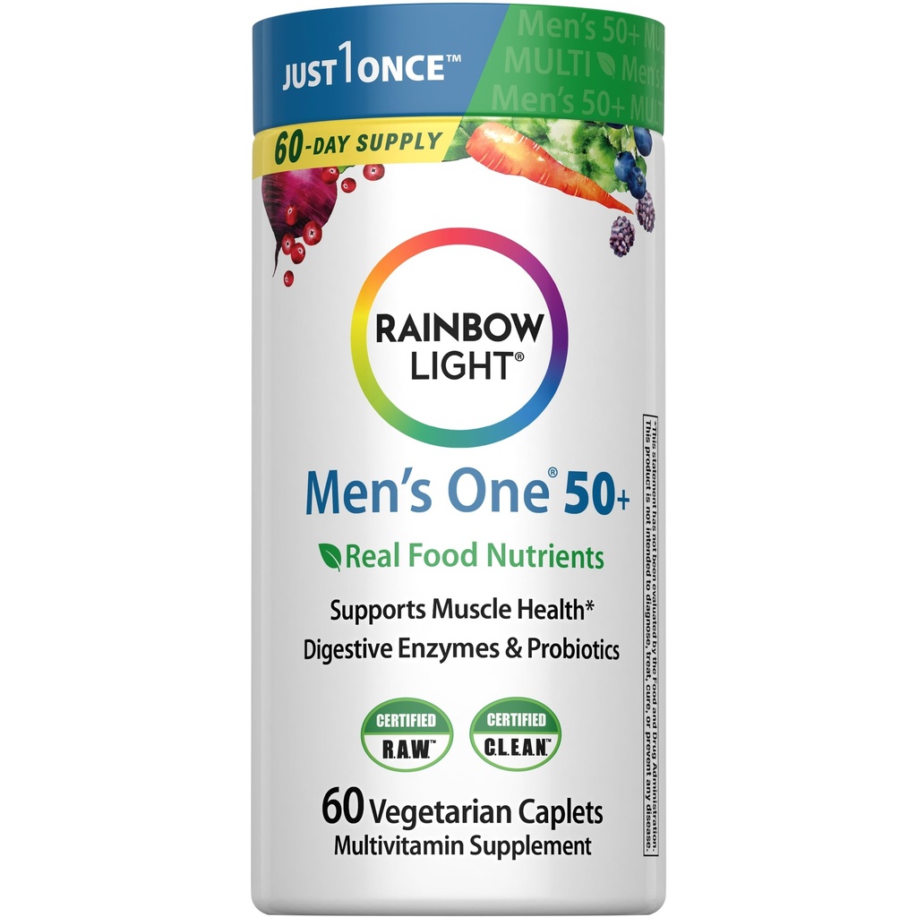 Rainbow Light Multivitamin for Men 50+, ויטמין C, D & Zinc, Probiotics, Men's One 50+ Multivitamin מספק תמיכה גבוהה בפוטנציה, Non-GMO, Vegetarian, 60 טבליות