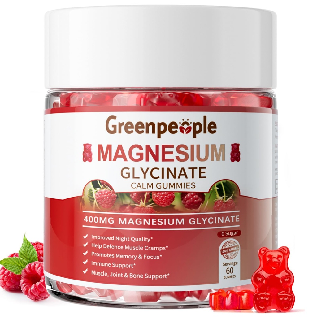 GREENPEOPLE Magnesium Glycinate Gummies 400 מ"ג - סוכר חינם Magnesium Potassium תוספת עם Magnesium Malate, ויטמין D, B6, ו- CoQ10 עבור תמיכה ושינה למבוגרים - Raspberry Gummies