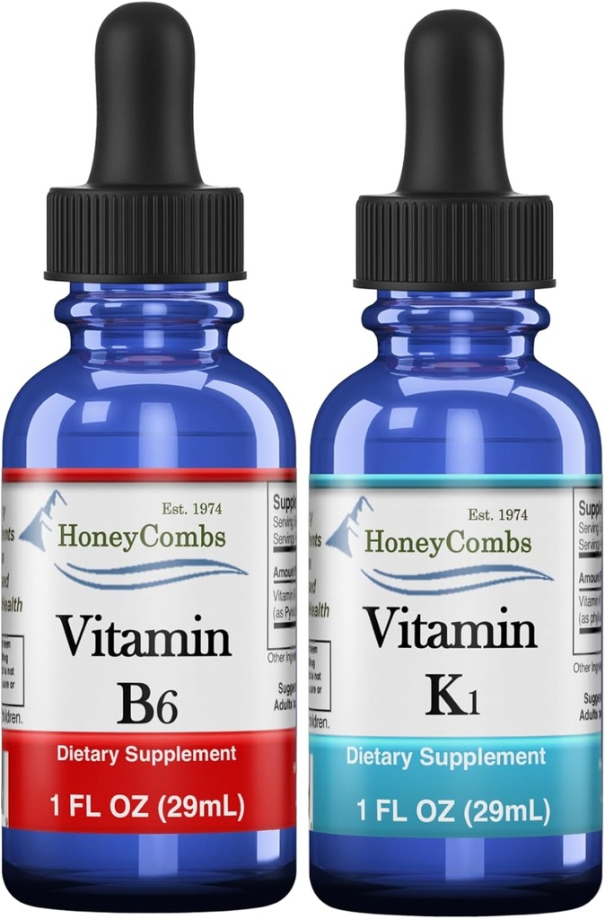 HoneyCombs ויטמין B6 & K1 טיפות - נוזל Pyridoxine & ויטמין K Extracts for Vegan, תומך בריאות כוללת, תמצית נוזלי non-GMO, 1 oz כל אחד
