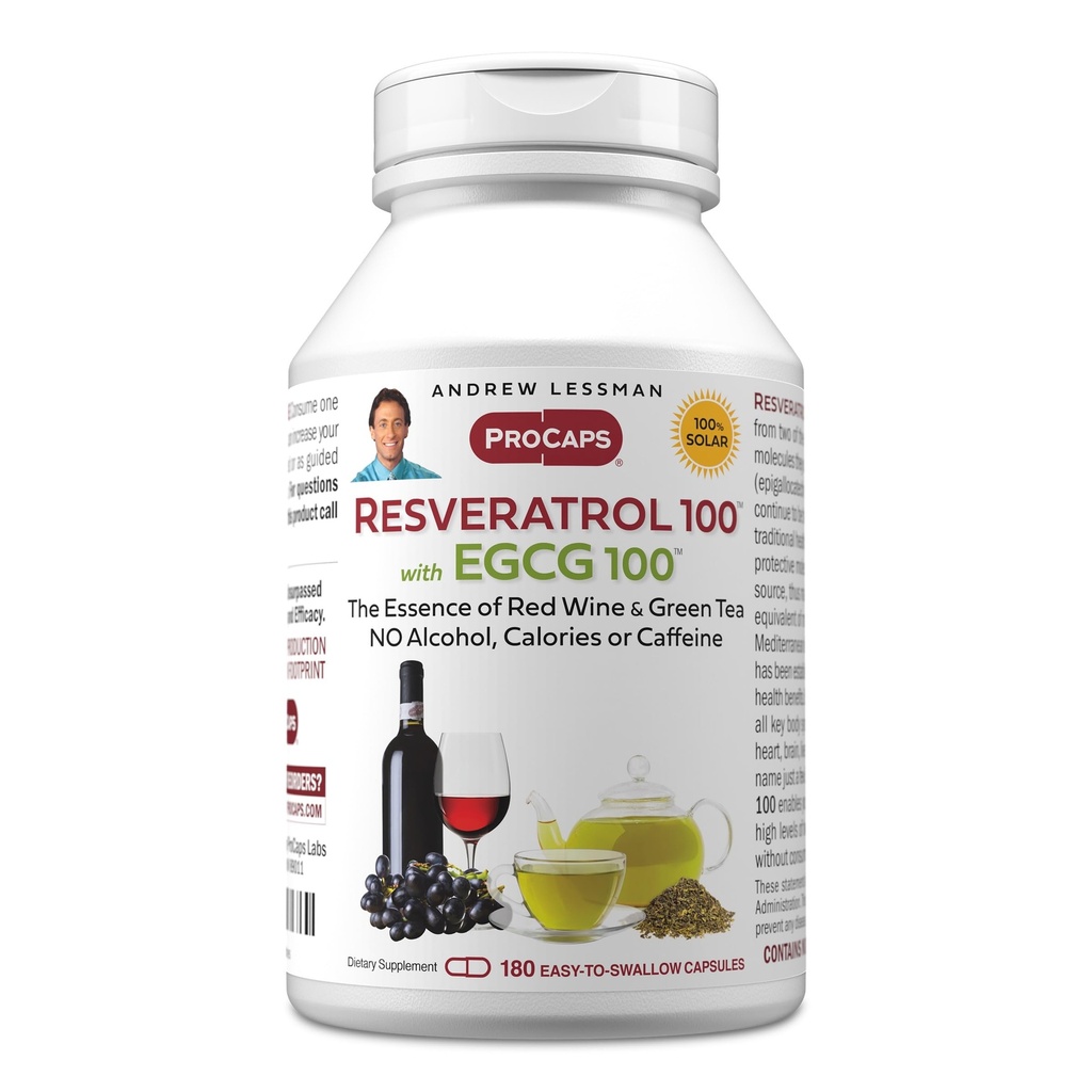 ANDREW LESSMAN Resveratrol 100 EGCG 100 מ"ג - 180 קפסולות - שני סוגים טבעיים של אנטי-חמצן, ללא אלכוהול או קפאין.