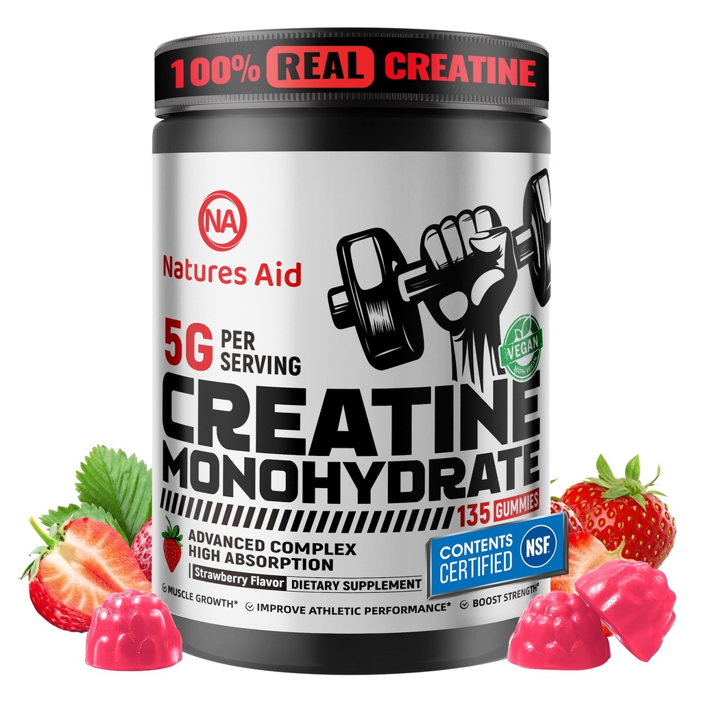 Natures Aid Creatine Monohydrate Gummies (5g) - תמיכה באנרגיה טרום עבודה ושרירים עבור גברים ונשים | Strawberry אלקטרוליטה חניכיים (135)