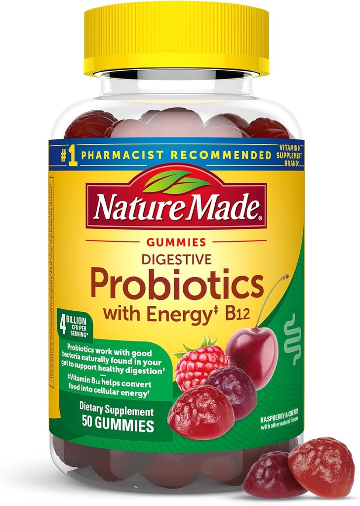 Nature Made Digestive Probiotics and Energy B12 Gummies, Probiotics for Women and Men, 50 חניכיים פרוביוטיות, 25 יום אספקה