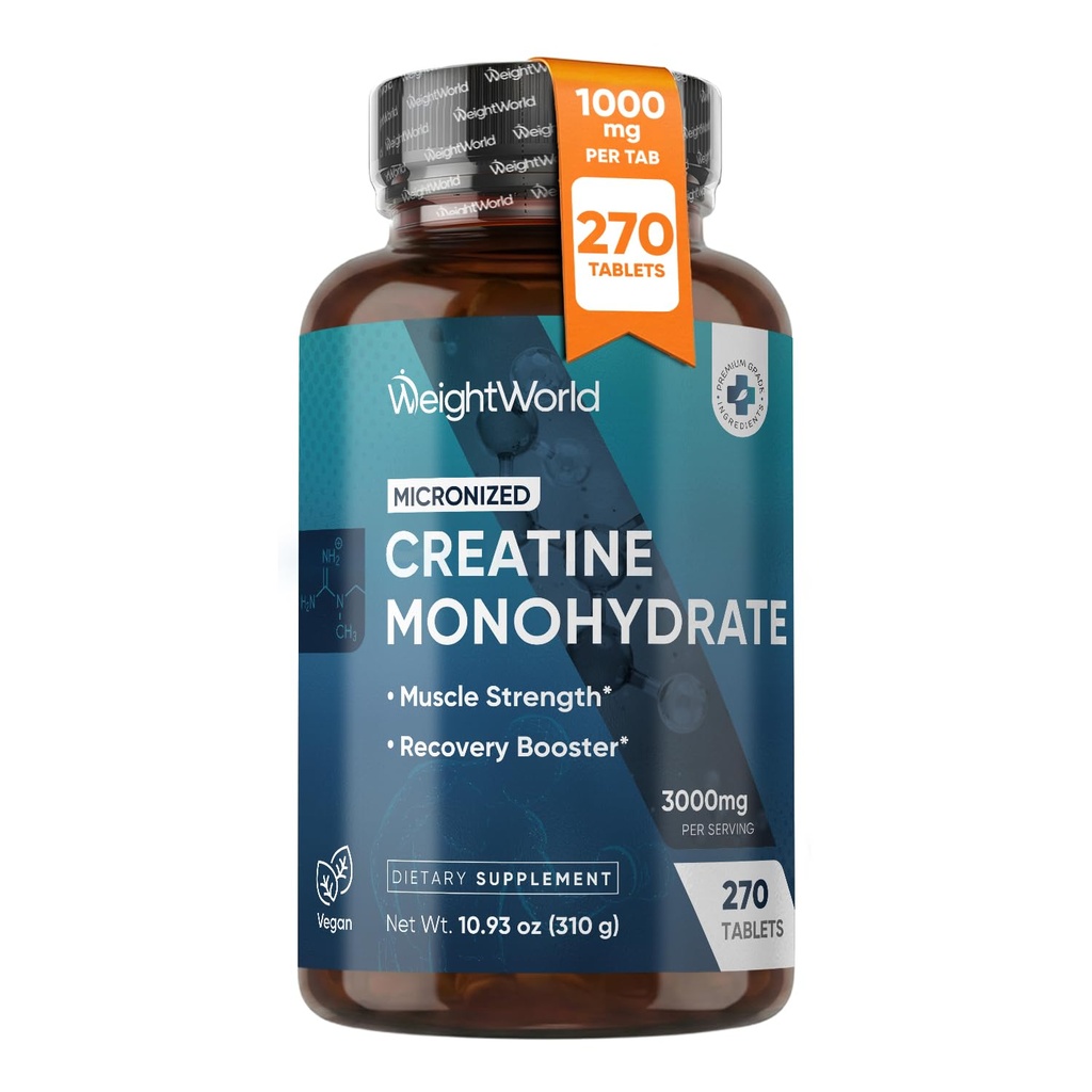 Weightworld Micronized Creatine Monohydrate 3000 מ"ג טבעוני טבליות | שרירים חזקים & Recovery Booster | 3 חודשים אספקה - 270 Tabs | Creatine for Women & Men | Non-GMO, Gluten-Free | 3 טבליות ביום