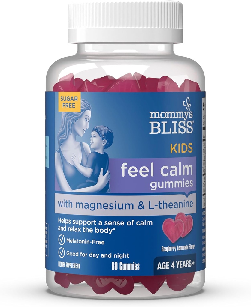 אמא's Bliss Kids Feel Calm Gummies, תמיכה בתחושה של Calm ולהרגיע את הגוף, Made with Magnesium, L-theanine, Sugar Free Raspberryade Flavor, Age 4, 60 חניכיים