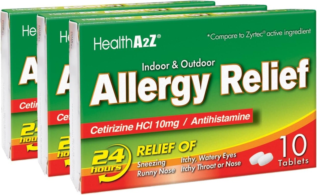 HealthA2Z® Allergy Relief | Cetirizine 10mg | All Day Allergy Relief | Indoor & Outdoor | Relief from Itchy Throat, Sneezing, Runny Noses (10 Count (Pack of 3))