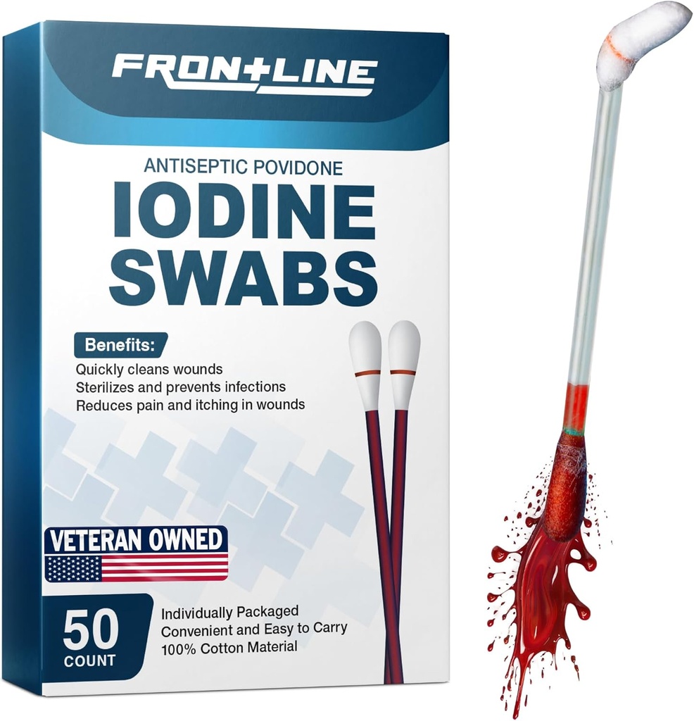 FrontLine Povidone Iodine Swabs, Antiseptic Swabsticks, Iodine פתרון, ניקוי כותנה Swab, באופן אישי נדחסו מטענים רפואיים, Wound Care, First Aid, Wound ניקויer, Box of 50 50