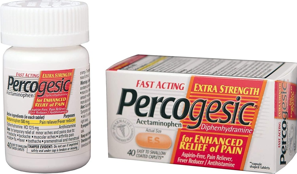 Percogesic Aspirin Free Pain Relief Tablets, תוספת כוח, Acetaminophen ו Diphenhydramine, 40 ct (Pack of 1)
