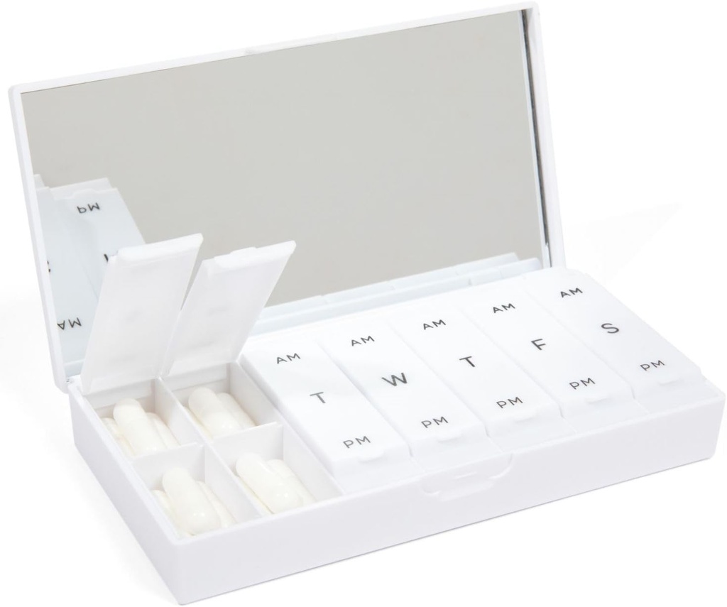 X POLISH Designer Weekly Box מארגנת (AM /PM 2X Daily, קריספ ווייט) | קומפקטי, Stylish 7-Day ויטמין Case | Sweet Portable Mini Travel Medicine Carrier