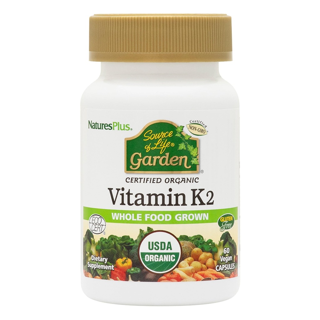 NaturesPlus Source of Life Garden ויטמין K2-60 קפסולות טבעוניות, Pack of 2 - תמיכה בעצמות - אורגני מוסמך, non-GMO, Gluten Free - 120 המשרתות הכוללות