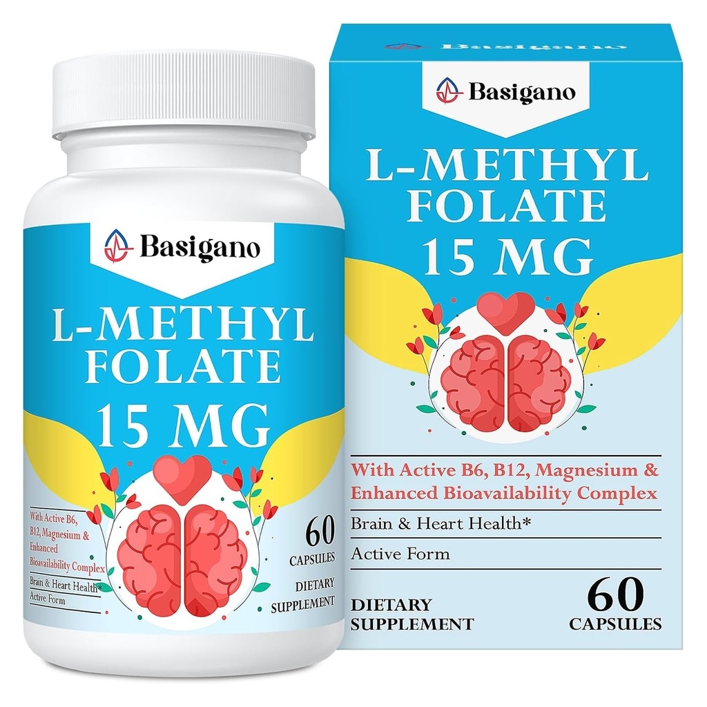 15mg L Methylfolate (5-MTHF) Active Folic Acid-Enriched עם ויטמינים B6 ו B12-60 קפסולות צמחוניות - non-GMO, Gluten-Free