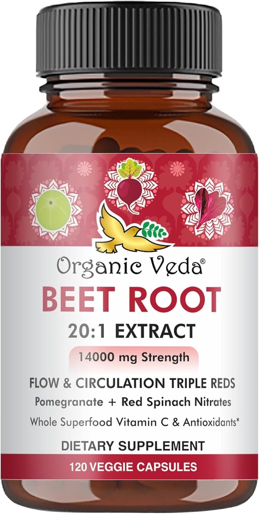 אורגני Veda Beet Root כמוסות - משולש Reds Nitric Oxide Beets תוספי - Concentrated Nitrates ו- ויטמין C תערובת של Beet Root Extract, Red Spinach, Pomegranate, Black Pepper - 120 קפסולות