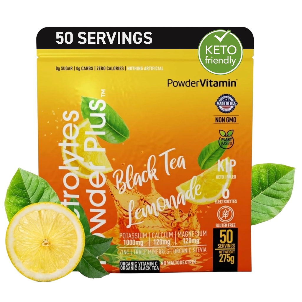 אבקת אלקטרוליטים פלוס (50 משרתים) Black Tea Lemonade אלקטרוליטה אבקת Zero Calorie Keto,0 סוכר, No Maltodextrin, 1000mg Potassium, 120 מ"ג Calcium, 120 מ"ג מגנזיום Magnesium, אבקת hydrotion
