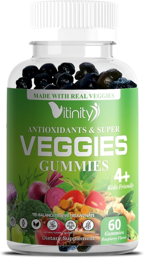 VITINITY Made with Real Super Veggies Delicious Gummy Supplement, Men, Women & Kids (60 Chews), 30 Veggies,Herbs, Fruit ווויטמינים צמחיים, Non-GMO, Pectin- Based, gluten-Free, No More Pills (30 יום אספקה)