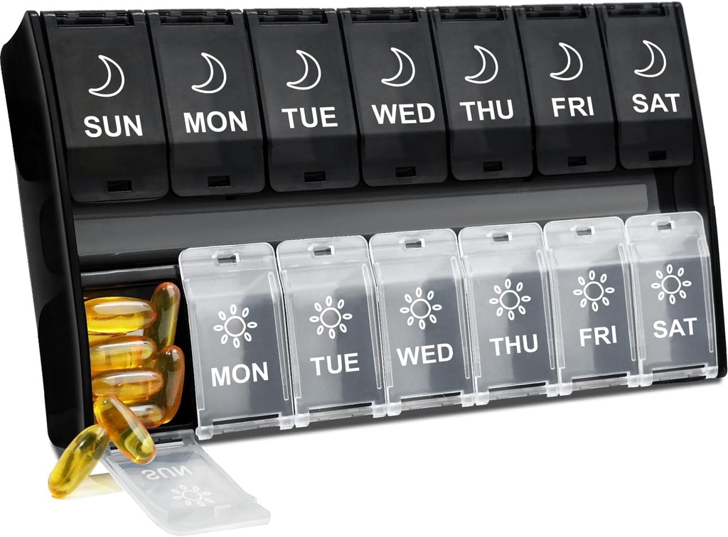 XL גדול גלולות מארגנת 2 פעמים ביום, שבועי Am Pm Pill Box עם Hinged Lids, 7 יום תרופות ויטמין CASE, Daily Pill Container, גדול תרופות מארגנת עבור תוספי מזון