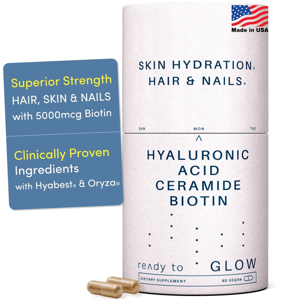 GLOW Anti Aging תוסף - Hyabest® Hyaluronic Acid, Phytoceramides, 5000 mcg Biotin, ויטמין A, C, E, Zinc - Hair Skin Nails ויטמינים לנשים וגברים - Wrinkles & Skin hydrotion - 60 קפסולות