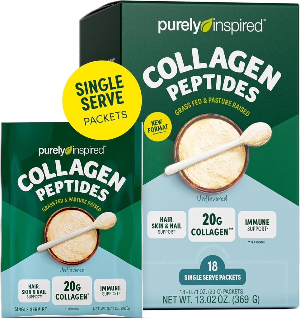 אבקת קולג'ן בהשראת טהורה, 18 מנות יחיד, Unflavored - 20g Collagen Peptides אבקת חלבון עבור נשים וגברים - Grass-Fed & Pasture גדל - Gluten-Free, Paleo & Keto-ידידותי