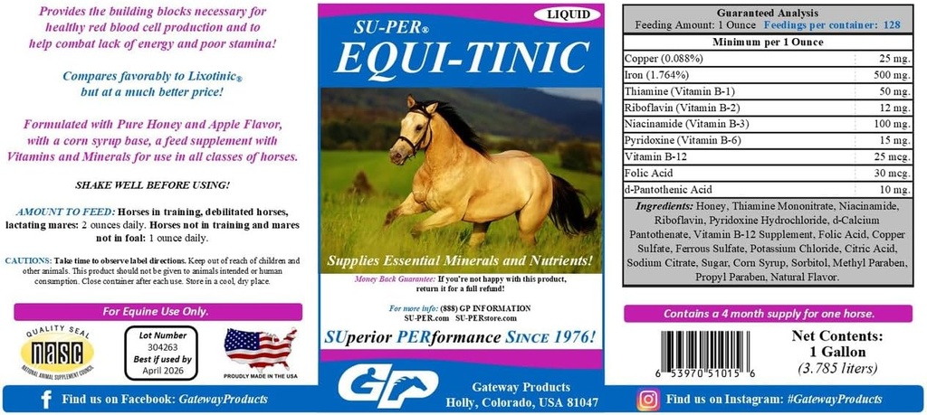 SU-PER Equi-Tinic Horse מינרלים תוספת - מינרלים חיוניים וחומרים מזינים עבור תאי דם בריאים ואנרגיה - 1 Gallon