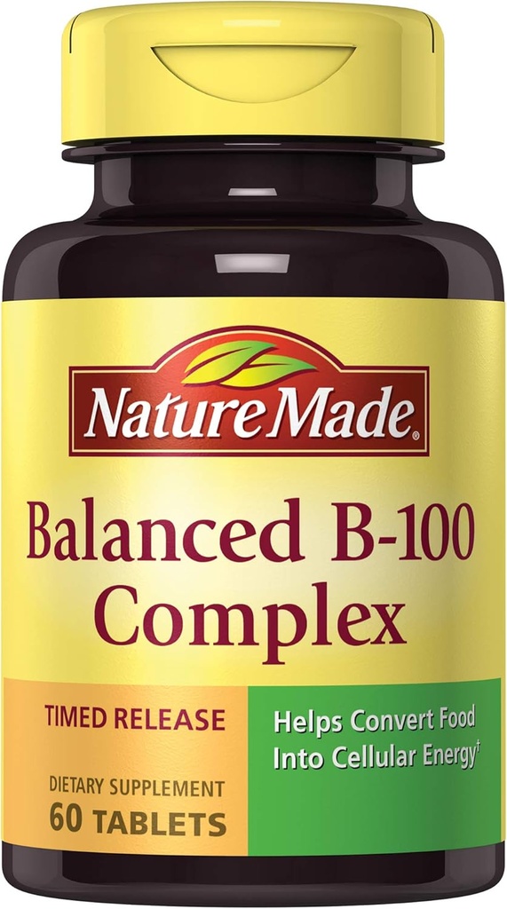 Nature Made Balanced B-100 Timed לשחרר (Thiamin, Riboflavin, Niacin, B6, B12, Biotin, Pantothenic Acid & Folic Acid) טבליות 60 Ct