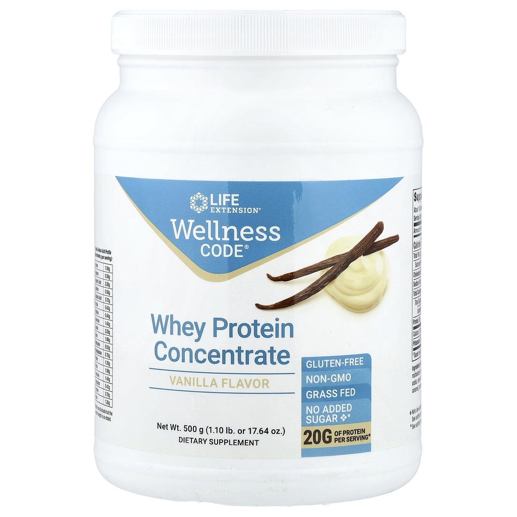Life Extension Code Whey חלבונים מרחיבים את צמיחת השרירים ואת בריאות החיסון - מקורו של Grass-Fed, Free-Range, פרות ללא הורמונים, non-GMO, לא תוספת סוכר, Vanilla- 500g
