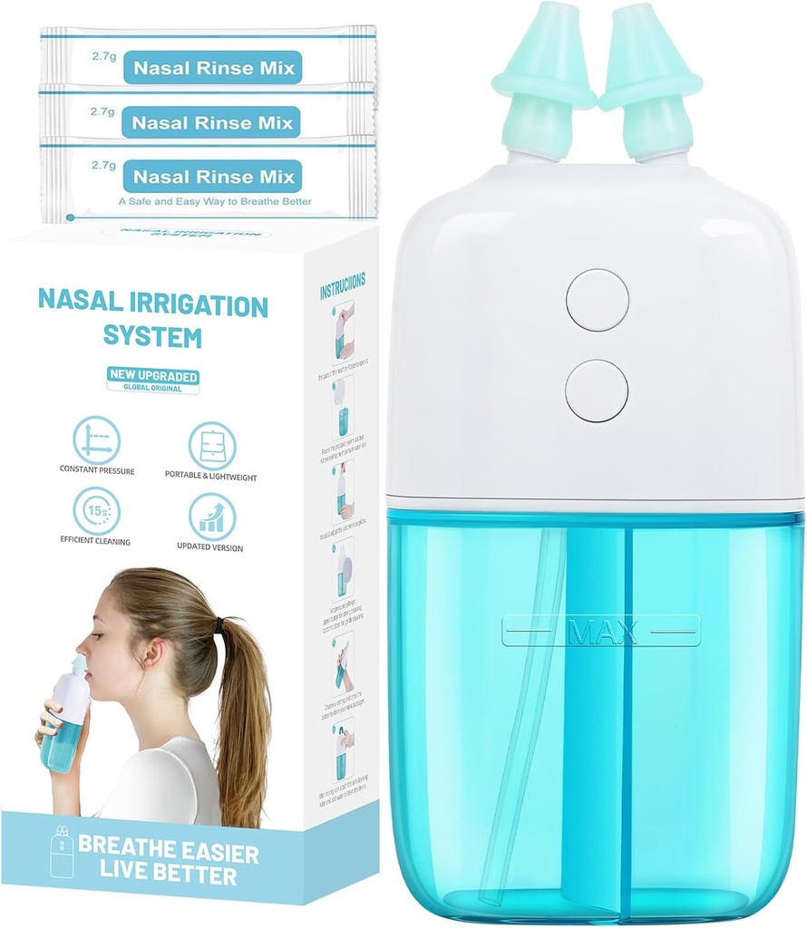 מערכת השקיה Nasal Irrigation עם 30 Saline Packets - Double Speed and Auto Waste Collection - Portable and Travel-Friendly Nasal Irrigator - Nasal Cleaner for Sinus Relief Nasal Rinse Machine