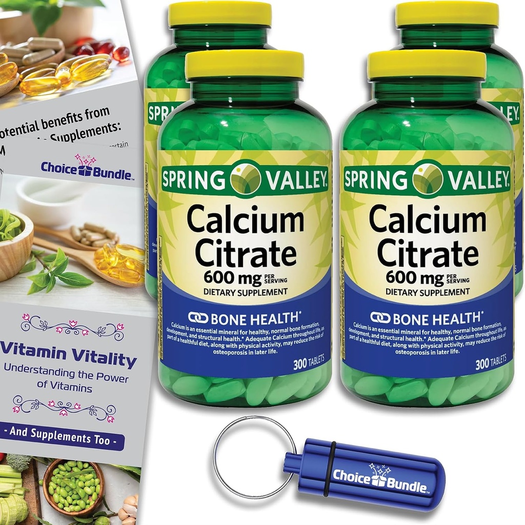 Spring Valley Calcium Citrate Tablets Dietary Supplement 600 מ"ג 300 Ct 4 pk Choice Bundle (1200 Total) + ויטמין Guide & Pill Container (6 פריטים)!