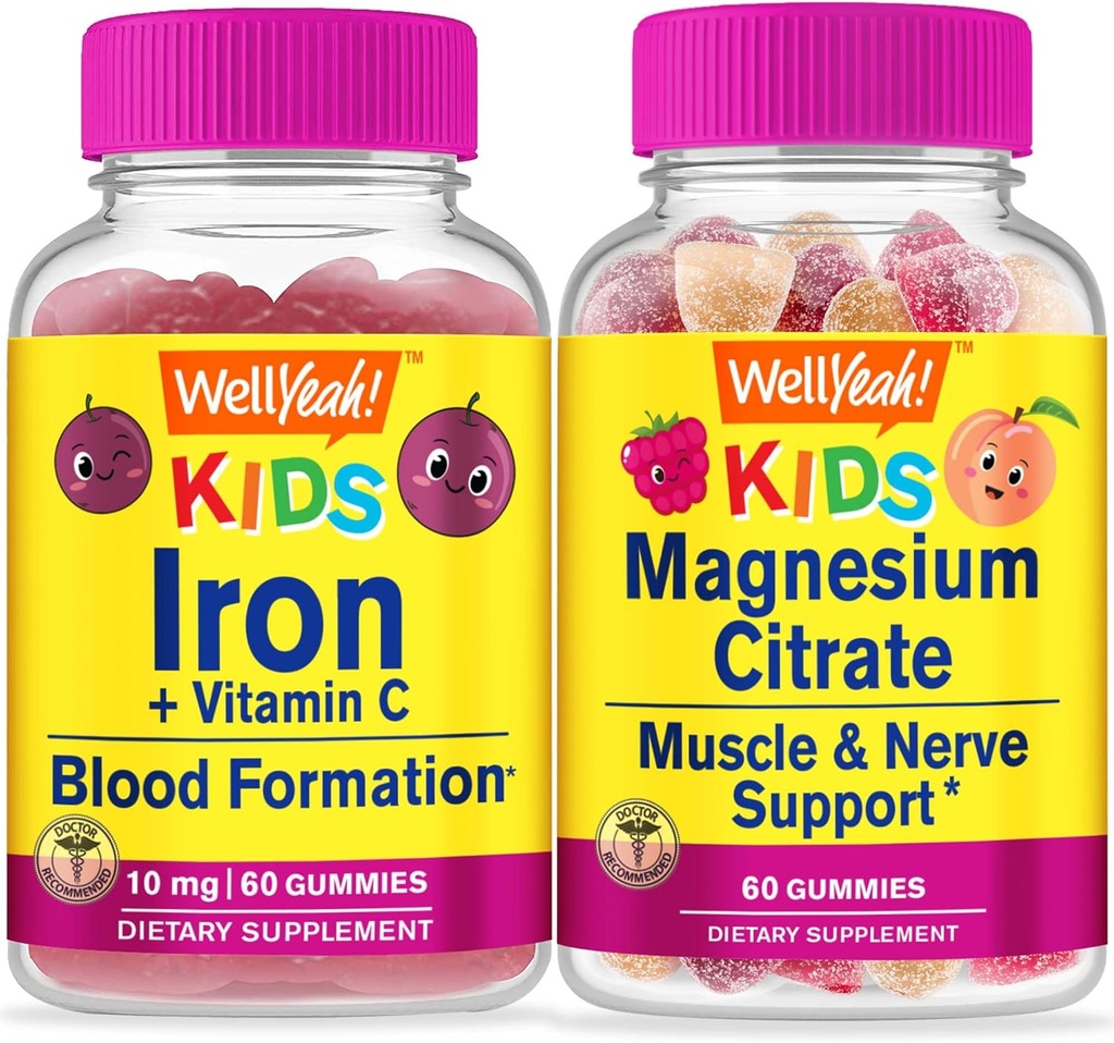 ובכן, כן ברזל + ויטמין C ילדים + Magnesium Citrate ילדים, חניכיים Bundle - גדול Tasting, ויטמין תוסף, Gluten Free, GMO Free, Chewable Gummy