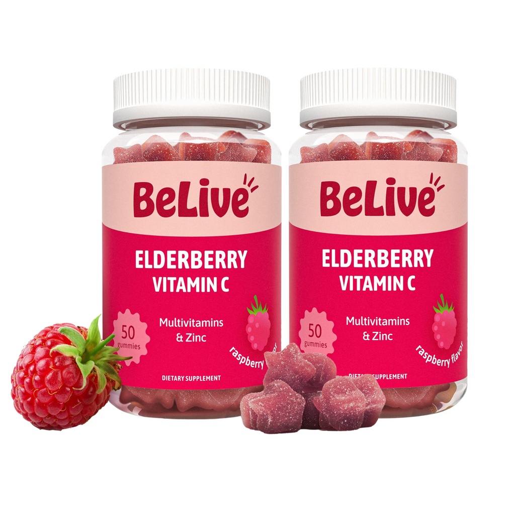 BeLive Elderberry חניכיים עם Zinc ו ויטמין C - Immune Support תוסף עם ויטמין D, A, E, B12 - חניכיים עבור עצמות בריאות ושיניים, טבעוני, Keto & non-GMO - Raspberry Flavor | 2Pack