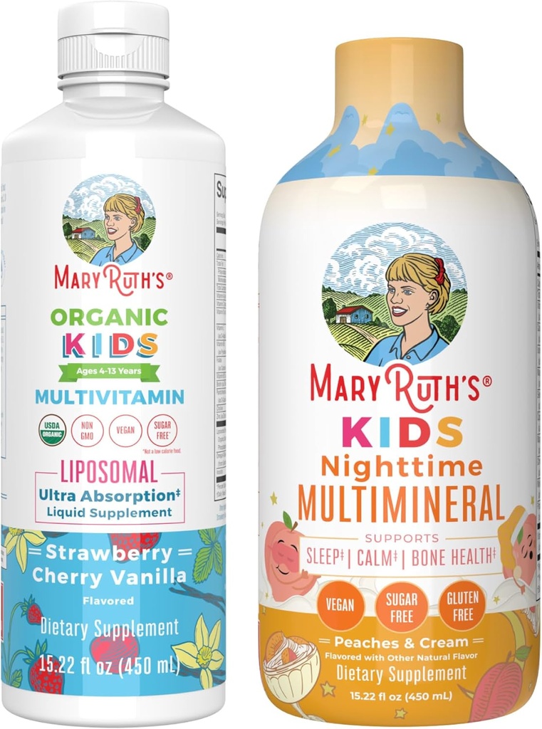 MaryRuth's Nighttime Multimineral (Peaches & Cream) ו- Multivitamin Liposomal (Strawberry Cherry & Vanilla) לילדים | פרויקט תוויות נקי מאומת ®
