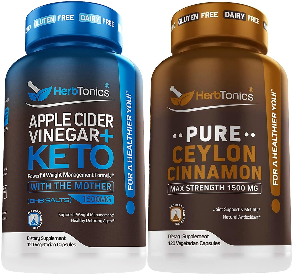 Herbtonics Apple Cider Vinegar קפסולות פלוס Keto BHB | Fat Burner & Weight Loss Supplement for Women & Men - Premium Ceylon Cinnamon קפסולות - גלולות קינמון יעילות להגדלת הטוב